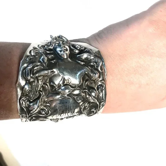 Rare Antique Goddess Sterling Silver Cuff Bracelet Victorian 925 Lady Face Wide - Picture 7 of 11